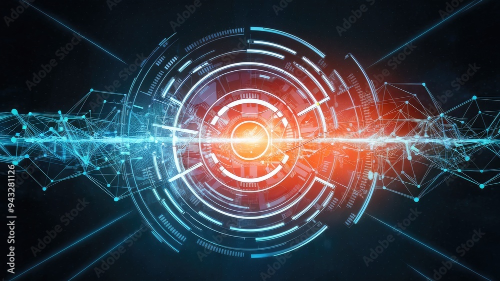 Poster abstract representation of data processing and interconnected networks on a dark background. concept