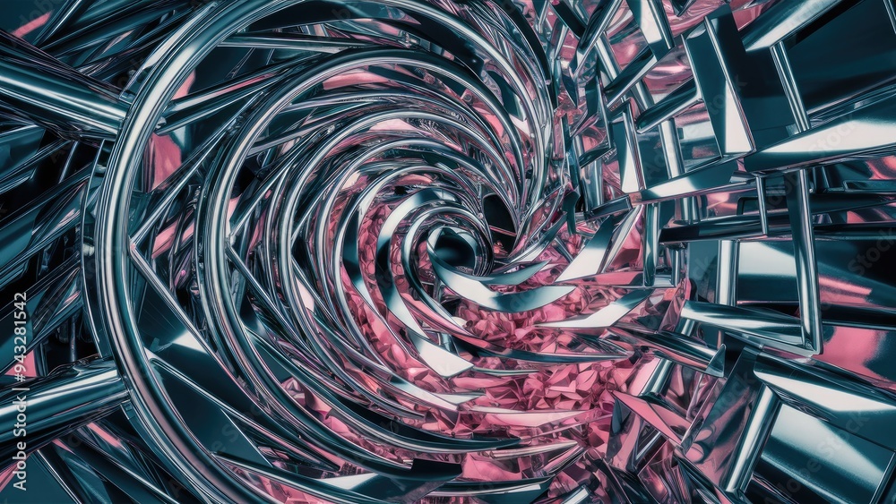 Poster abstract swirl of colorful luminous particles creating a chrome metal wave with geometric patterns.