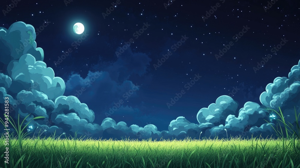 Poster illustration design background featuring a night sky over a grass field in 3d cartoon rendering