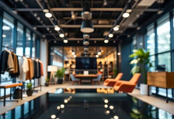 Blur focus of Fashion and modern office interiors. Front view of a loft open space office interior. Blur background, ai