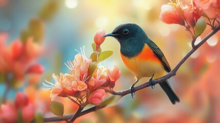 Fototapeta premium Colorful Bird Perched on a Branch with Pink Blossoms