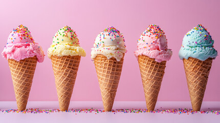 Colorful Ice Cream,  Vibrant ice cream cones topped with colorful sprinkles, perfect for summer treats and dessert photography