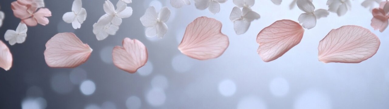 Delicate Floral Petal Textures, Seamless patterns of soft pink and pastel white flower petals, ideal for romantic backgrounds, minimalist designs, and clean aesthetics.