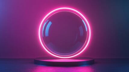 Obraz premium 3D rendered abstract geometric backdrop featuring luminous neon lines within a circular glass shape Stylish minimalist wallpaper design