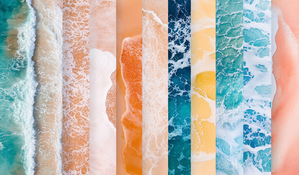 Background of brightly colored ocean waves that blend beautifully with sandy shorelines, showing different textures and patterns, creating a beautiful coastal panorama