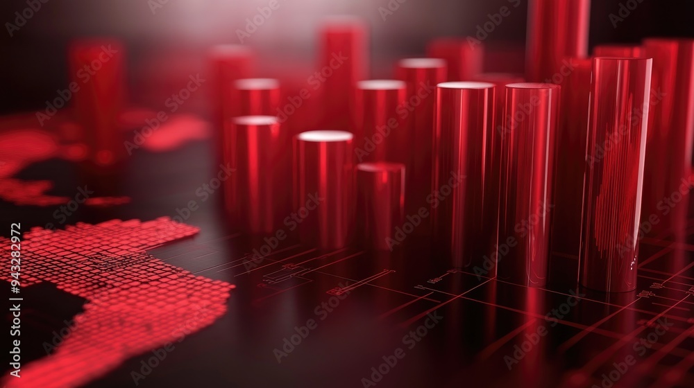 Poster 3d rendering of elegant columns representing graph data integrating a world map into an analytical t