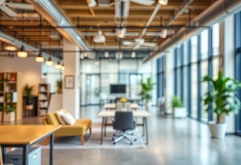 Blur focus of Fashion and modern office interiors. Front view of a loft open space office interior. Blur background, ai