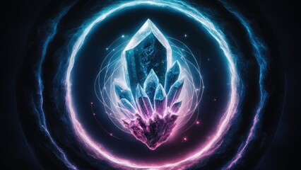  Captivating energy crystal glowing with bioluminescent blue and purple light, suspended in a cosmic vortex within a dark space background