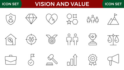 Mission, vision and value icon set. Outline illustration of icons. Core values line icons.