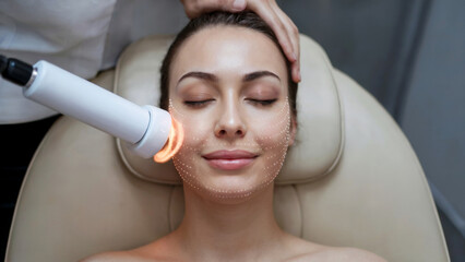 Beautiful woman getting RF facial lifting procedure in a beauty clinic. Modern cosmetology. Skin care and treatment concept. For beauty salon, clinic advertising