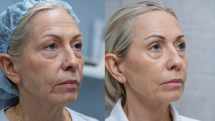 Mature woman's face before and after cosmetic procedures or plastic surgery. Modern aesthetic medicine. Anti-aging treatment. For beauty clinic, spa, cosmetology