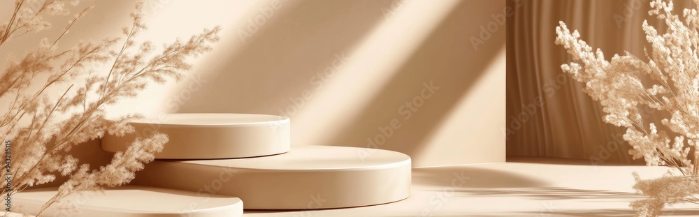 Poster 3d brown creamy stage podium featuring a modern minimal design with an abstract geometric shape this