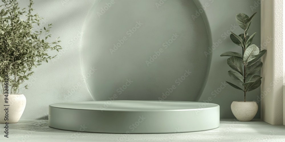 Poster 3d rendering of a sage green podium for product display and social media advertising