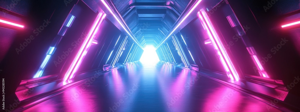 Fototapete 3D rendering of a neon glow sci fi futuristic background featuring an abstract corridor tunnel with a spaceship