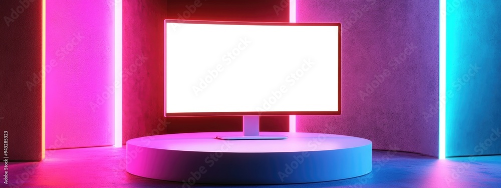 Aufkleber 3d rendering of a white desktop monitor displayed on a neon cylindrical podium