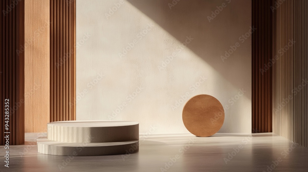 Poster 3D rendering of a studio featuring geometric shapes and a podium on the floor designed as platforms for product display