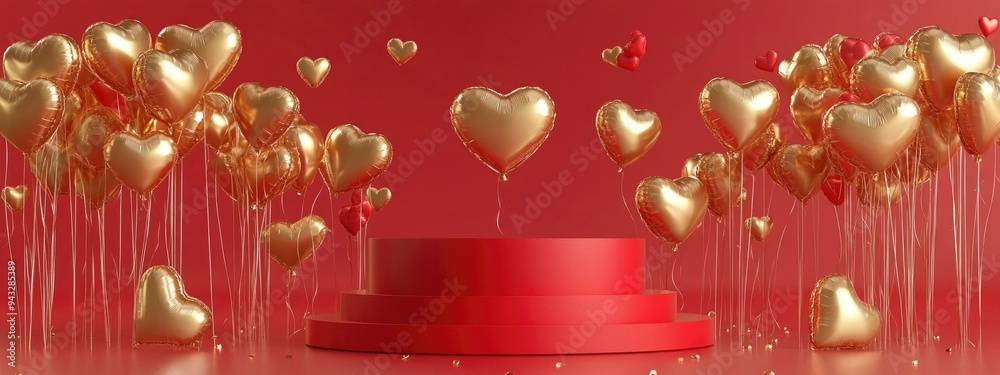 Aufkleber 3d abstract love themed background featuring a red podium surrounded by golden heart shaped balloons