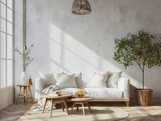 Farmhouse Living Room Interior with Blank Wall Mockup