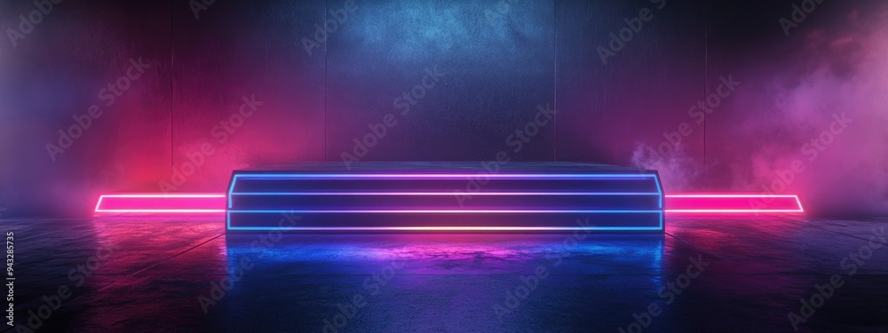 Poster 3D rendered abstract background featuring a podium stage display ideal for product showcasing with a cyberpunk aesthetic