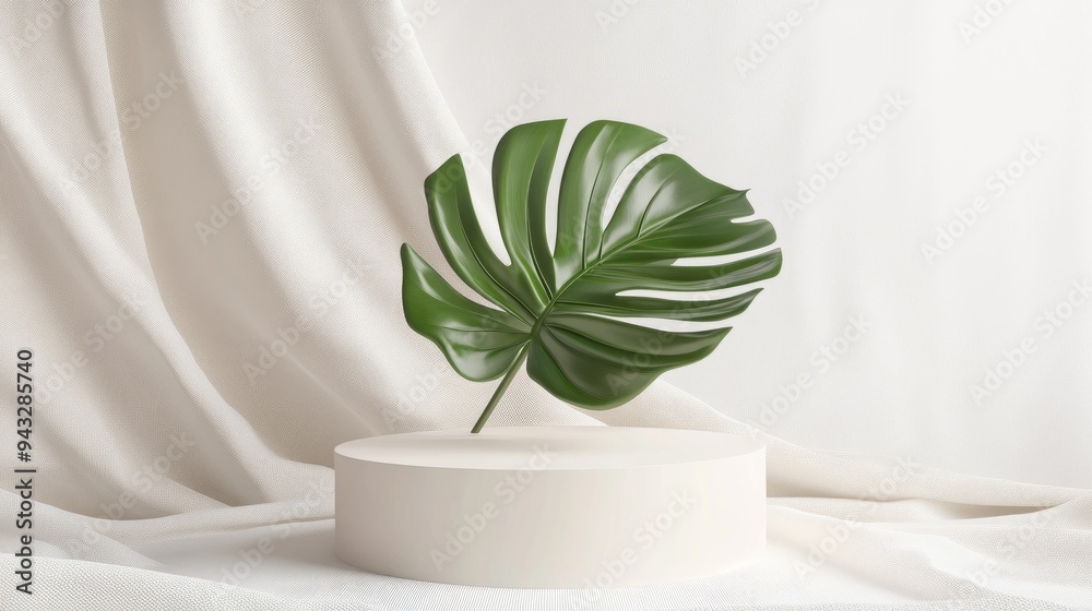 Poster 3d podium presentation featuring a monstera palm leaf on a white backdrop with fabric mockup for cos