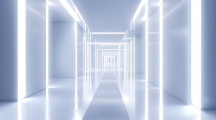 Obraz premium Abstract white architectural backdrop featuring neon illumination Night perspective enhanced by backlighting 3D render and illustration