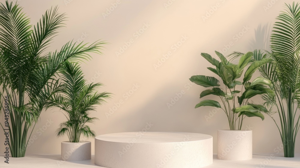 Aufkleber 3d rendering of a podium featuring plant product display background