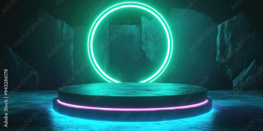 Poster 3d render of a podium with a neon green circular light in the background 3d illustration