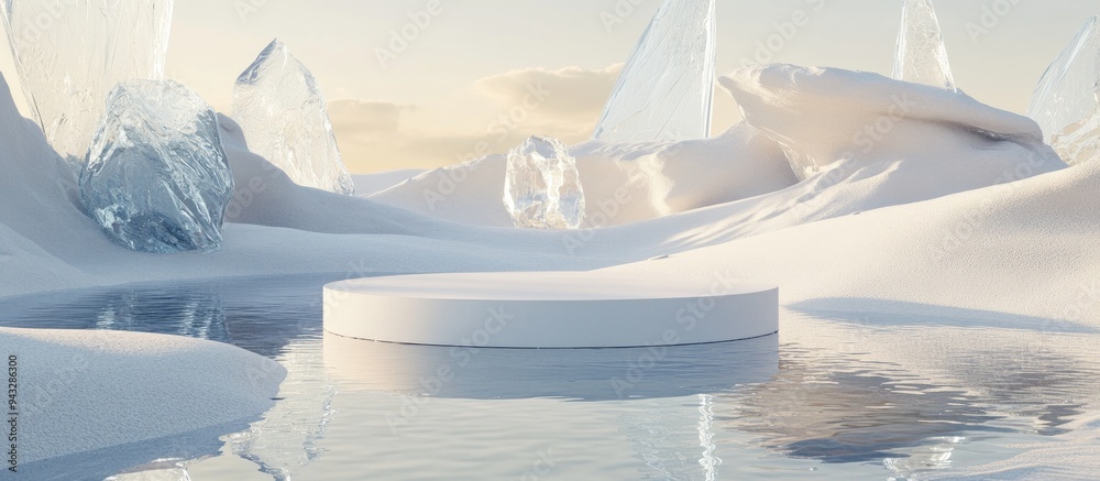 Poster 3D rendering of a surreal landscape featuring a round podium in water and white sand set against a backdrop of abstract glass shapes and objects This image evokes a fantasy world with a futuristic