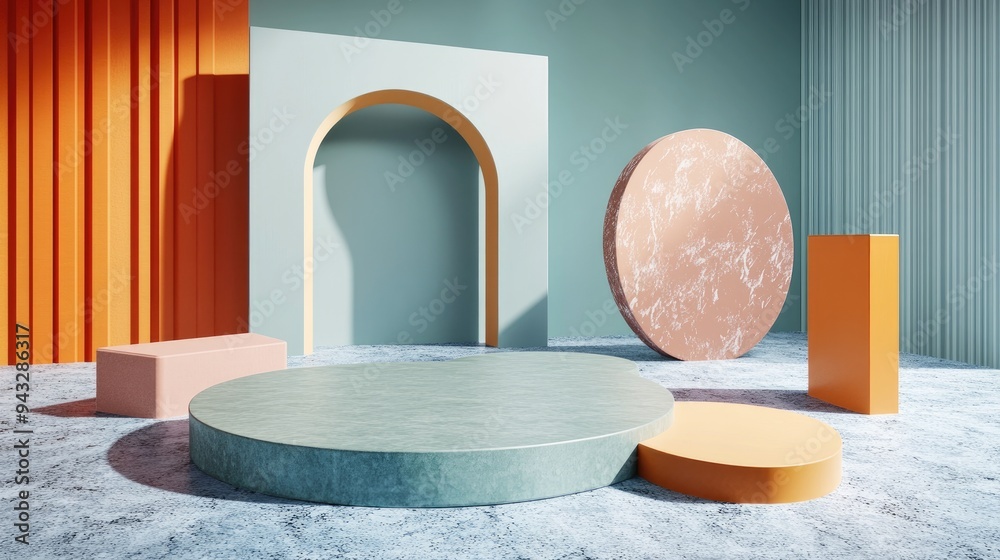 Poster 3D rendering of a studio featuring geometric shapes and a podium on the floor designed as platforms for product display