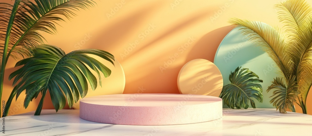 Poster 3D podium featuring ample space for product display against an abstract tropical background emphasizing summer and vacation themes in graphic art design