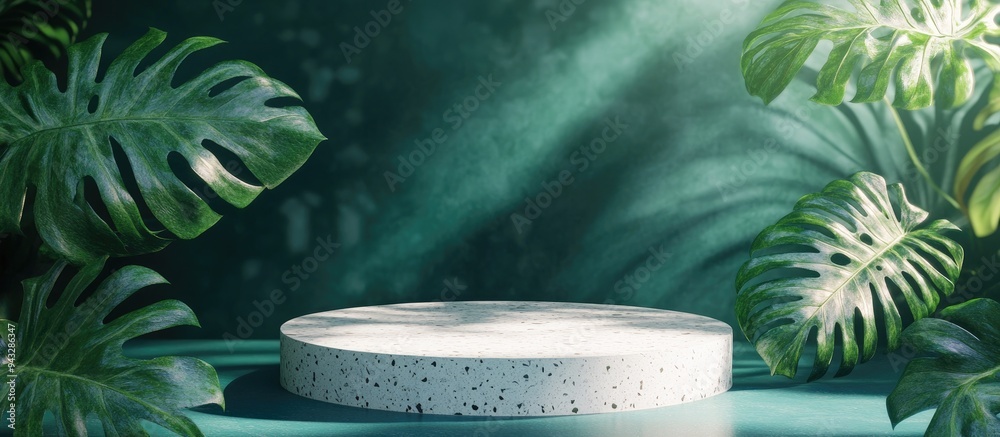 Poster 3d render of an abstract podium display featuring terrazzo and monstera leaves concept for product p