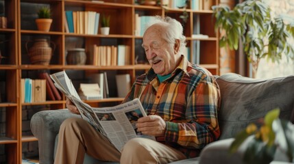 The elderly man reading newspaper