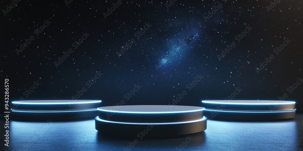 Poster 3d rendering of three vacant sci fi podiums for showcasing products