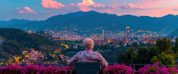 Elderly Woman Contemplating Cityscape at Sunset