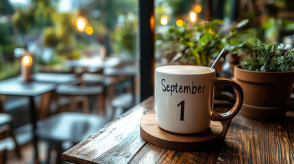 "September 1" written on a beautiful modern calendar on the table. Side view realistic․․
