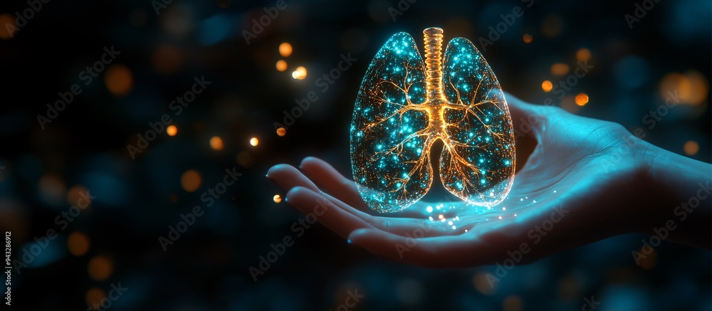 Aufkleber Pulmonologist using a 3D hologram of lungs to assess respiratory issues and analyze lung function Stock Photo with copy space