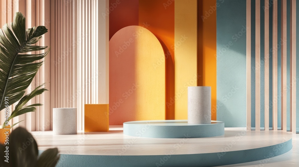Poster 3D rendering of a studio featuring geometric shapes and a podium on the floor designed as platforms for product display