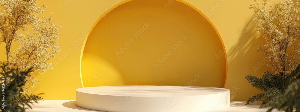 Poster 3D rendering of a circular podium and arch against a yellow backdrop Abstract scene featuring a round pedestal Vacant stage designed for product display