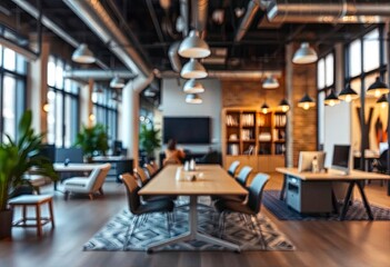 Blur focus modern, contemporary and fashion office interior. Front view of an open space office interior. Bokeh background for meeting and presentation, ai