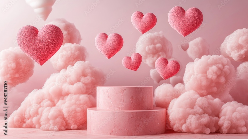 Poster 3d rendering of a podium adorned with heart shapes