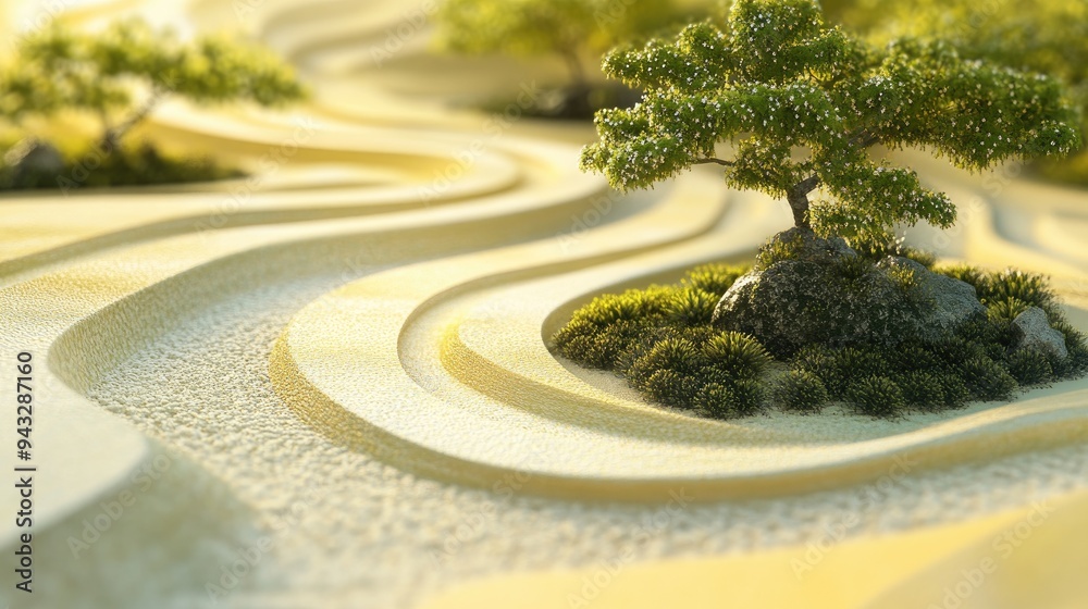 Poster 3d rendering of an abstract zen garden concept featuring a yellow and green background