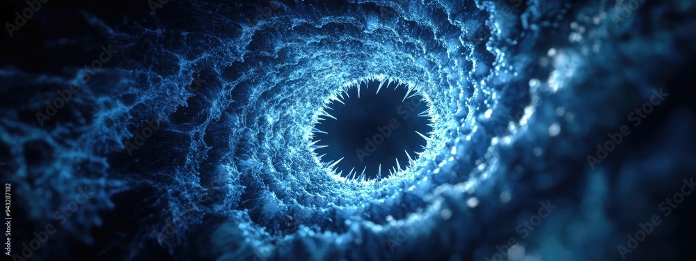 Fototapete 3d rendering of an abstract blue round fractal portal with spikes featuring a round spiral against a