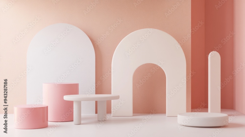 Poster 3D rendered shapes for product display in a pastel minimal studio setting