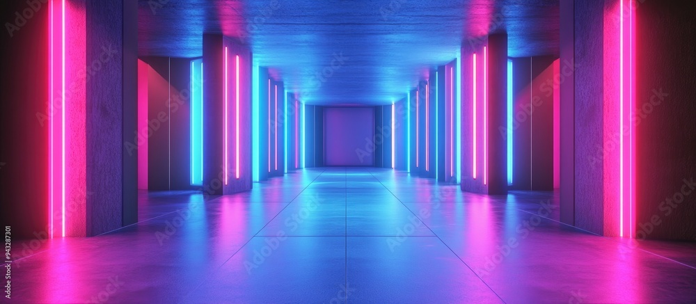 Poster 3D rendering of an abstract background featuring blue pink and violet neon colors illuminated by ultraviolet light showcasing an empty night club interior with a tunnel or corridor and glowing pane