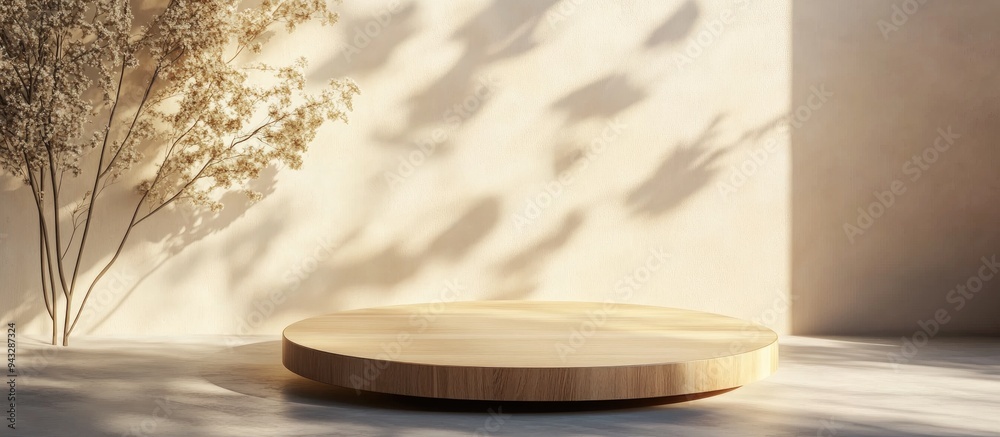 Aufkleber 3d backdrop featuring a wooden podium display natural beige banner with shadows product showcase for