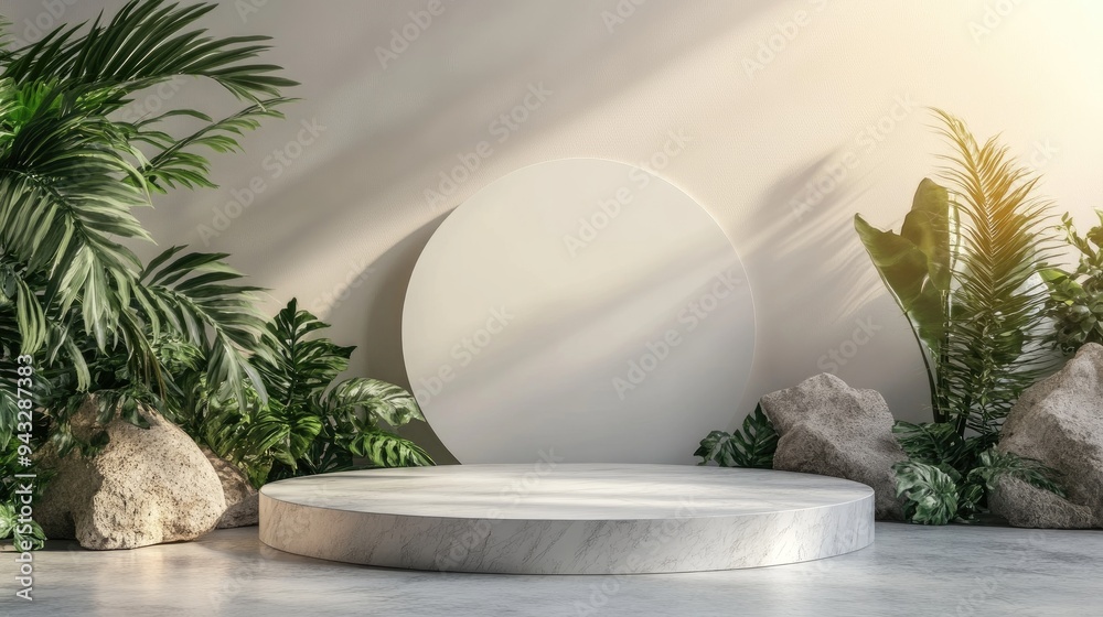 Poster 3D rendering illustration of a blank podium display for product mockup against a natural backdrop