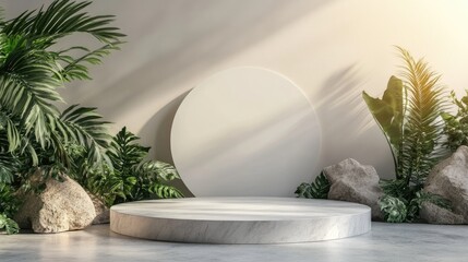 3D rendering illustration of a blank podium display for product mockup against a natural backdrop