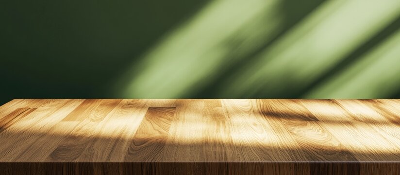 3D render of an empty elegant fine oak wood surface showcasing beautiful wood grain illuminated by morning sunlight with dappled light on a plain green wall in the background Ideal backdrop for bea