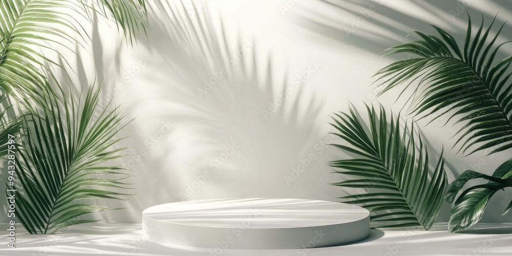 Poster 3d podium on a white background featuring palm leaves designed for summer beauty product promotion n