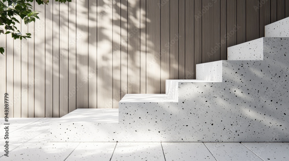Poster 3d rendered background featuring white terrazzo steps adjacent to a wooden surface